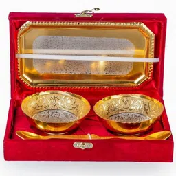 international gift Gold & Silver Plated 2 Round Bowl, 2 Spoon & Tray With Box" Bag | For Dry Fruit Bowl Serving Set-picture-14