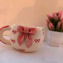 earthycraft Elegant Pink Bow Ceramic – Cute Decorative Tea Cup Ceramic Coffee Mug image 1