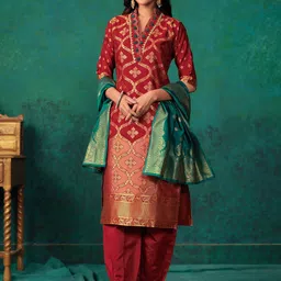 sangria Women Silk Blend Kurta Salwar Dupatta Set-picture-11