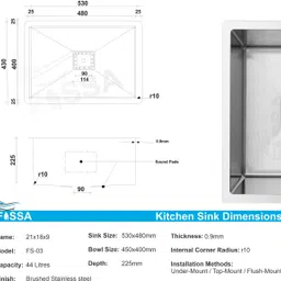 fossa 21"x18"x9" Inch Single Bowl Premium Handmade Kitchen Sink Matte Finish FS-03 Vessel Sink image 2