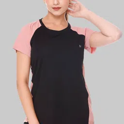 white moon Women Colorblock Round Neck Polyester Black T-Shirt-picture-10