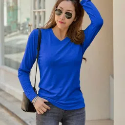 smart colors Women Solid V Neck Cotton Blend Dark Blue T-Shirt image 4