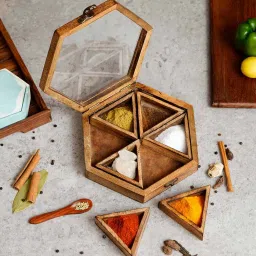 Handcrafted 6 Compartment Mango Wood Spice Box by eCraftIndia image 1