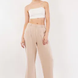 high-buy Women Loose Fit Beige Cotton Blend Trousers image 1