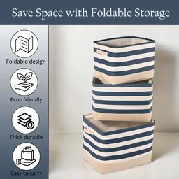 kuber industries Cotton (Set of 12) Cosmetic Dressing Table Organizer | GM-30-BLU | White & Blue Stripe Storage Basket image 5