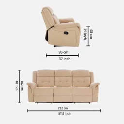 casacraft from pepperfry Norton Velvet 3 Seater Manual Recliner In Beige Colour image 2