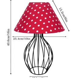 homesake Black Bedside Table Lamp with Geometric Metal Base and Fabric Shade, Wire Trumpet with Red Dot Cone Shade image 2