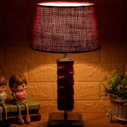 Florence Maroon Natural Fiber Shade Night Lamp With Wood Base By BrightDaisy image 1