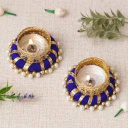 ecraftindia Golden and Blue Decorative (Set of 2) Tea Light Holders image 2