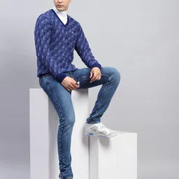 monte carlo Men Self Design V Neck Blue Sweater image 5