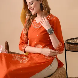 Women Embroidered, Floral Print Pure Cotton Straight Kurta-image-10