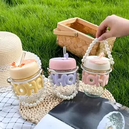 ridhhu mart Premium Glass Water Sparkle Strap Cup Birthday Gift Cute Water Milk Juice Glass Mason Jar-picture-10