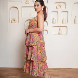 purvaja Women Layered Yellow, Multicolor Midi/Calf Length Dress image 3