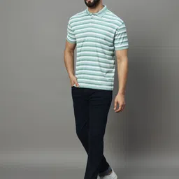 uniberry Men Striped Polo Neck Cotton Blend Light Green T-Shirt image 5