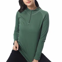 london hills Women Solid Zip Neck Cotton Blend Green T-Shirt image 5