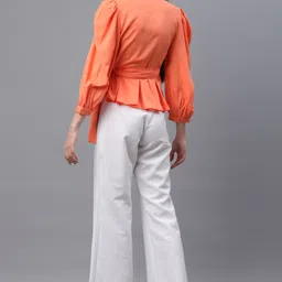 fiorenza Party Puff Sleeves Solid Women Orange Top image 2