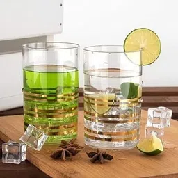 flyup (Pack of 8) 8 Pcs Plastic Gold Strip Design Unbreakable Stylish Transparent Water Glass Glass Set Water/Juice Glass image 2