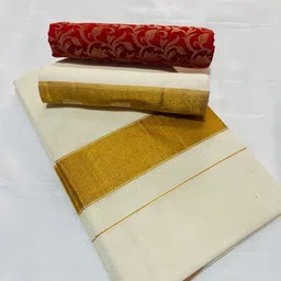 kjs Solid/Plain Kasavu Pure Cotton Saree image 2