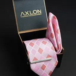 axlon Pink Geometric Checkered Tie For Men – Formal Ties Set With Pocket Square & Tie Pin Clip For Mens, Silk Neckties Gift Sets For Men’s (AXNW47) image 2