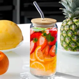 ironglass Premium Glass, Juice Glass, Soft Drink Tumbler With Straw and Wooden Lid Glass Glass Water/Juice Glass-picture-12