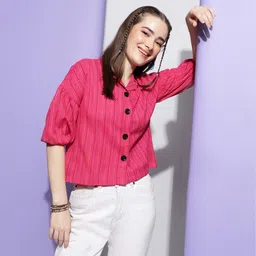 Women Boxy Fit Printed Lapel Collar Casual Shirt-image-1