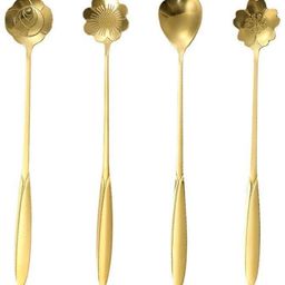 syga 4-Piece Premium Gold Finish With Long Handle Heart & Flower Shapes Stainless Steel Coffee Spoon, Dessert Spoon, Sugar Spoon Set-picture-45