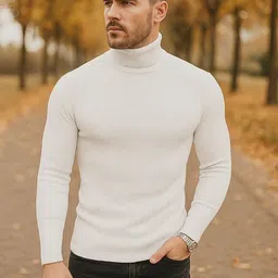clothyy Men Solid High Neck Black, White Sweater image 3