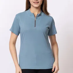 hilfire region Women Solid Zip Neck Cotton Blend Blue T-Shirt-picture-15
