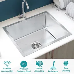 prestige Stainless Steel 304, Handmade Single Bowl Kitchen Sink With Basket SS 304 GRADE 24"x18"x10" SINGLE BOWL HANDMADE Kitchen Sink, Satin Finish Vessel Sink image 3