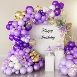 Solid Purple Golden White Balloons Garland Decoration Kit With Arch Pack Of 102 Balloon-image-14