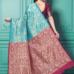 jay khodiyar embroidery Woven, Floral Print, Geometric Print Bollywood Jacquard Saree image 4