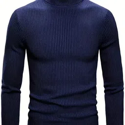 tee tree Men Solid High Neck Dark Blue Sweater image 4