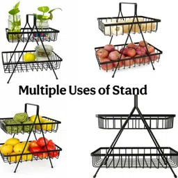 glocy Utensil Kitchen Rack High-Grade Steel 2-Tier Fruit and Vegetable Organizer | black (pack of 1) Steel image 5