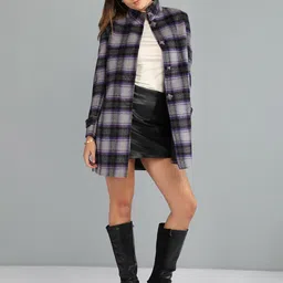 honnete 100 % Polyester Checkered Coat For Women-picture-33