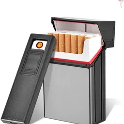 FITUP ™ FOCUS Cigarette Case Box Lighter with Flameless Removable Electronic Lighter Windproof Torch Lighter 20pcs Cigarette Holder Case 3 in 1 USB Rechargeable Portal Lighter Cum 20 Pc Storage Cigarette Holder Easily Cigarette Lighter image 2