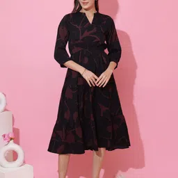 honky tonky Women Fit and Flare Black, Brown Midi/Calf Length Dress image 5