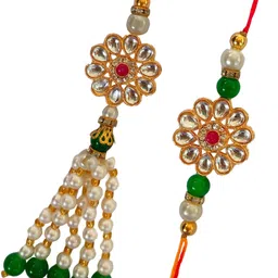 niozaki Bhaiya Bhabhi LUMBA-STON-RG Kundan, Pearl, Gold Finish, Mauli Thread Rakhi, Bracelet, Chawal Roli Pack Set image 3