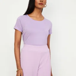 max Women Solid Round Neck Pure Cotton Purple T-Shirt-picture-26