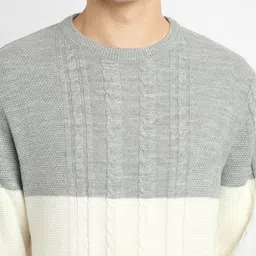 dennis lingo Men Colorblock Round Neck White, Grey Sweater image 3
