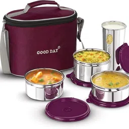 good day Perfect Combo Stainless Steel Tiffin Set with Bag for Office Maroon colour 3 Containers Lunch Box image 5