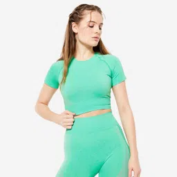 Women Gym Crop T-Shirt Seamless Short-Sleeved - Green-image-9