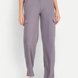 Women Loose Fit Grey Pure Cotton Trousers-image-90