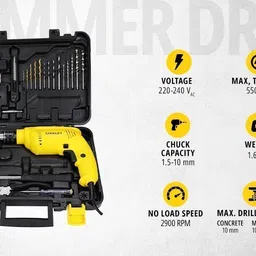 stanley SDH550KP-IN 550W DIY 10mm Single Speed Hammer Drill and Power & Hand Tool Kit image 2