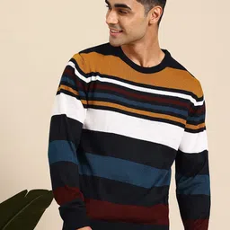 mast & harbour Men Striped Round Neck Blue Sweater-picture-11