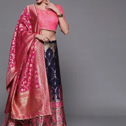 Sangria Navy Blue Woven Design Banarasi Silk Semi-Stitched Lehenga Choli-picture-33