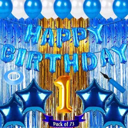Happy Birthday Letter Foil Balloon Set with Shimmer Foil Curtain , 1 Number , Star & Metallic Balloons Pump / 1st Birthday Decorations Kit for Baby Boy / First Birthday Boy Balloons Decorations-image-9