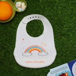yellow bee Silicone Rainbow Print Bib with Crumb Catcher for Girls, White-picture-12
