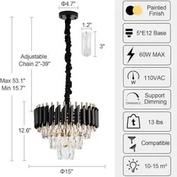 xozti crystal Black Gold polish metal 400mm hanging ceiling (Black, Gold) Chandelier Ceiling Lamp image 3