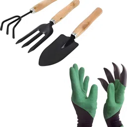 Garden Tools Set Of Garden Genie Gloves With Built In Claws For Digging Planting Nursery Plants, Garden Gloves Easy To Dig And Plant Safe For Rose Pruning & Gardening Tools - Hand Cultivator, Big Trowel, Garden Fork (Set of 3) Garden Tool Kit-image-5