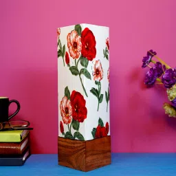 brightdaisy Minimalist Red & White Fabric Shade Table Lamp With Wood Base image 2